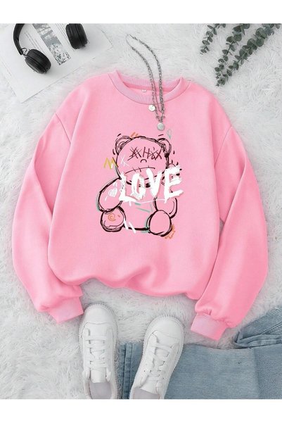 WESTİMO Women's Pink Love Bear Printed Oversize Crew Neck Sweatshirt