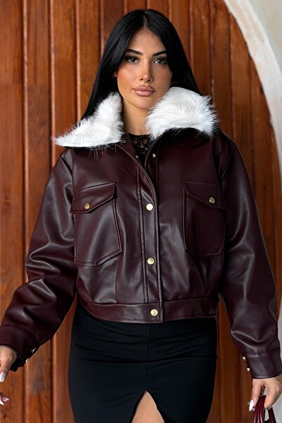 moda armanc Women's Faux Leather Bomber Jacket with Fur Collar