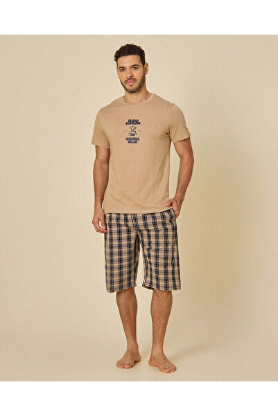 REDTAG Men Beige T-Shirt And Beige Check Shorts Set