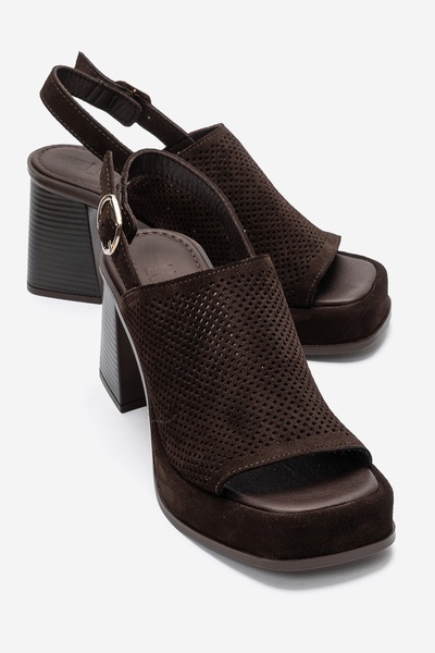 LuviShoes Penvia Brown Suede Genuine Leather Women's Thick Heeled Sandals
