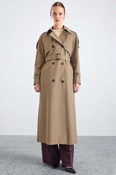 Olcay Long Trench Coat with Cape and Epaulette Detail, Button Accessories, Wa...