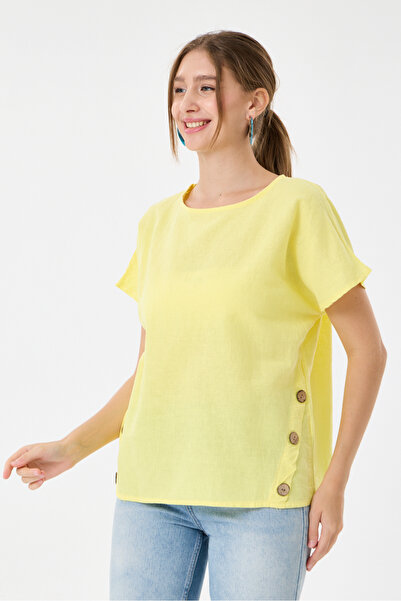della moor Yellow Italian 60% Linen Oversize Blouse with Button Accessories, ...