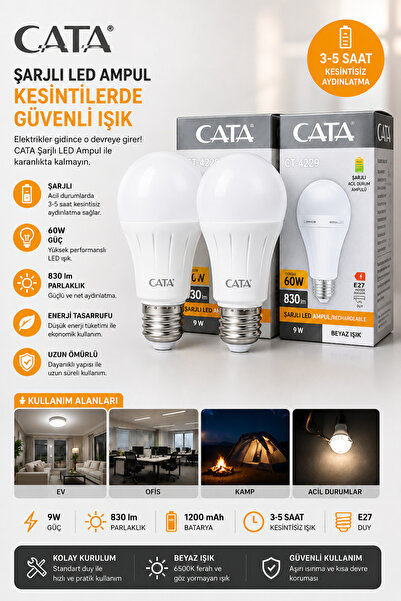 Cata CT-4229 9W Şarjlı Acil Durum LED Ampul 6500K Beyaz Işık 830 Lümen E27 Du...