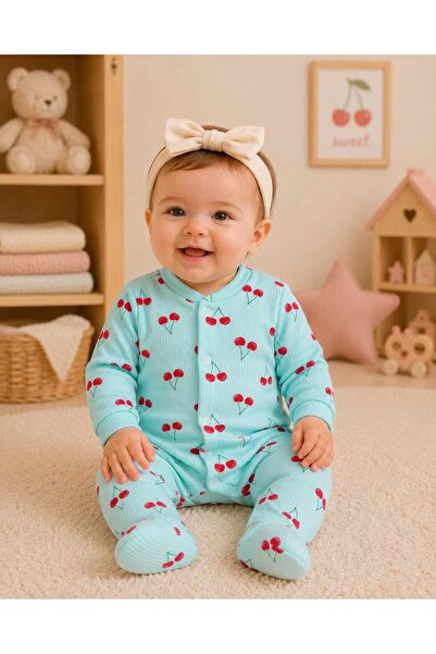 krm kerem bebe 100% Cotton Premium Ribbed Cotton Cherry Patterned Baby Girl S...