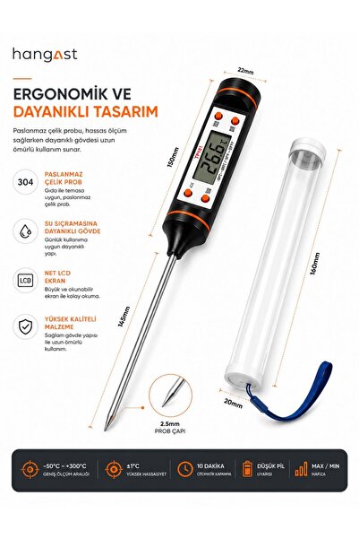 HANGAST Dijital Gıda Termometresi Paslanmaz Çelik Prob LCD Ekranlı Mutfak Et ...