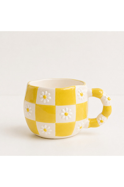 Çağ Seramik Square Stripe Daisy Patterned Handmade Ceramic Mug – Cream Coffee...