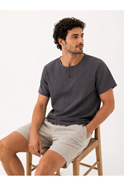 Mulberry Men's Muslin Short Sleeve Buttoned T-Shirt |   Breathable Cotton Tex...