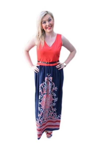 OEM Rochie deosebita de culoare bleumarin-corai, cu curea aplicata