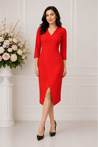 OEM Rochie rafinata Mila cu crepeu in fata,model asimetric,nuanta de rosu