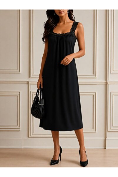 Şeker Portakalım Women's Lace Strap Square Neck Long Viscose Dress