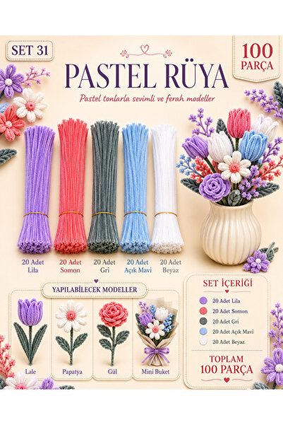 Mega Marketing 100 Adet Şönil – Pastel Rüya Seti – Lila, Somon, Gri, Açık Mav...