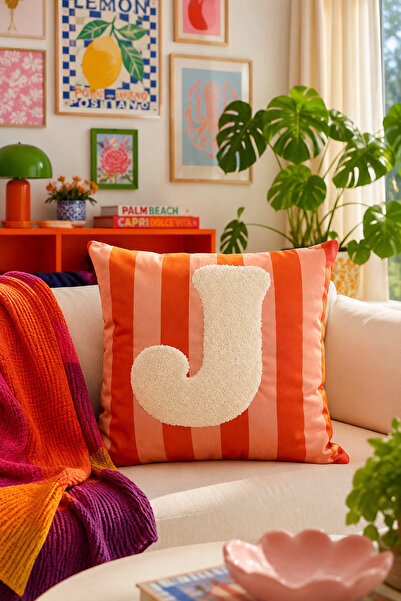 Pilloveland Punch Embroidered Throw Pillow Cover - 43*43 cm - Orange Letter J...