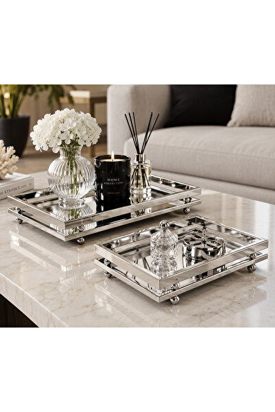 Hinora Set of 2 Gold Mirrored Decorative Presentation Trays Metal Glass Coffe...