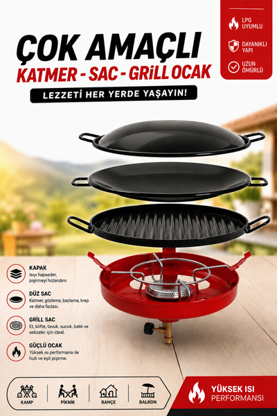 Alıç Çok Amaçlı Ocak Katmer Sacı Grill Sacı ve LPG Uyumlu Piknik Ocağı Seti –...