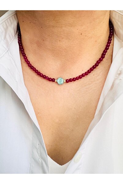 DEVİ fashion Natural Stone 4 mm Minimal Flower Design Necklace 43 cm