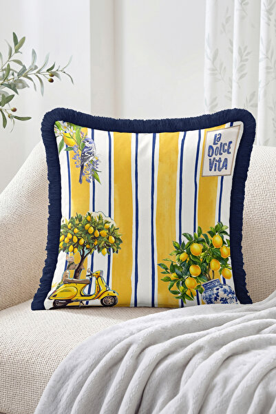 Realhomes La Dolce Vita Written Lemon, Palm Tree and Scooter Patterned 4-Piec...