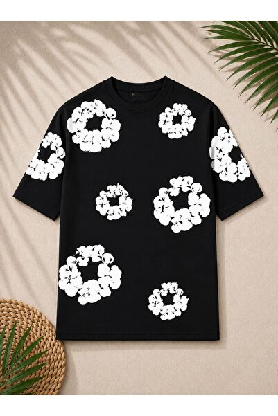 Ryam Moda Oversize Unisex Tişört - 3D Puff Kabartmalı Baskılı Çiçek Desenli