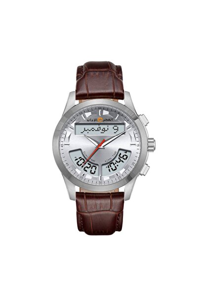 ALFAJR ALAZAN Al-Fajr Azan Watch Brown Leather Dual Time Silver with White Cr...