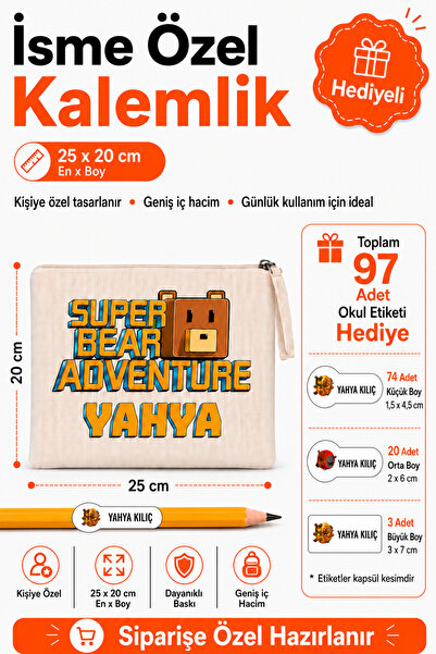 Morinna Super Bear Adventure Temalı Kişiye Özel İsimli Bez Okul Kalemlik ve 9...