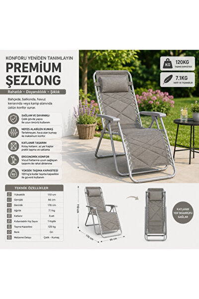Altınkayaticaret Premium Katlanır Şezlong Gri | Ergonomik Bahçe, Kamp, Havuz,...