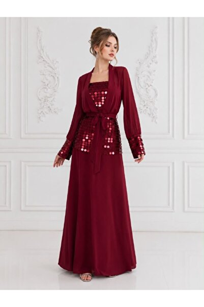 ranin Burgundy Evening Dress with Sequin Embroidery and Chiffon Cloche