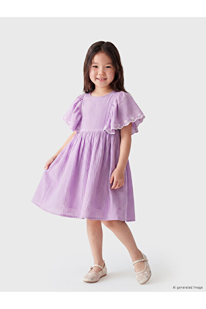 LC Waikiki Original Oval Collar Embroidered Girls' Muslin Dress