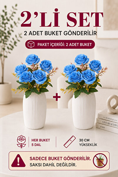 MD Aspiz Flowers 2 Demet Yapay Çiçek 5li Lüks mavi Gül Demeti 32cm ( Saksısız...