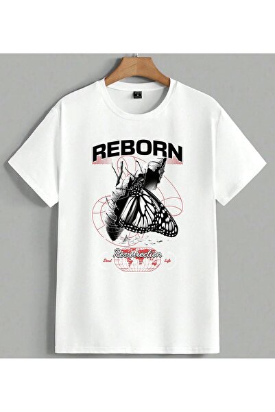 ELFERA Μπλουζάκι Unisex Oversize με στάμπα Reborn Resurrection Butterfly, Λευκό