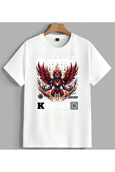 ELFERA Ates Melek Kizil Kanat Robot Printed Unisex Oversize T-Shirt White