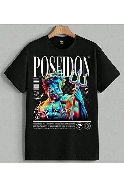 ELFERA Posejdon Mitologija Šareno T-Shirt Majica Unisex Oversize Crna