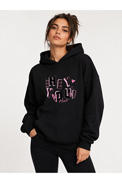 herkesemoda Hey You Printed Hooded 2 Thread Raster Printed Sweatshirt