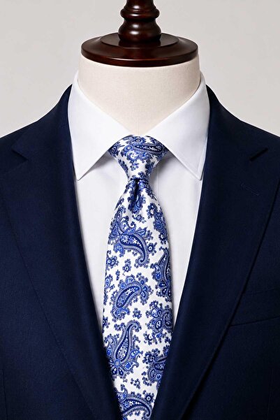 Kravatkolik White Blue Shawl Pattern Italian Silk Tie Ik2565