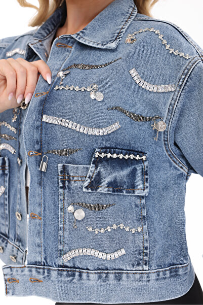 RENGARENG Women's Designer Denim Jacket with Metal Studs, Accessories and Cha...