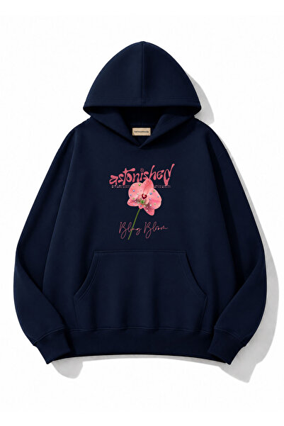 herkesemoda Pink Floral Printed Hooded 2 Thread Threaded Sweatshirt