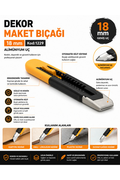Dekor Profesyonel Alüminyum UÇ Maket Bıçağı | ( 18MM ) Kod:1229 | Kilitli Fal...