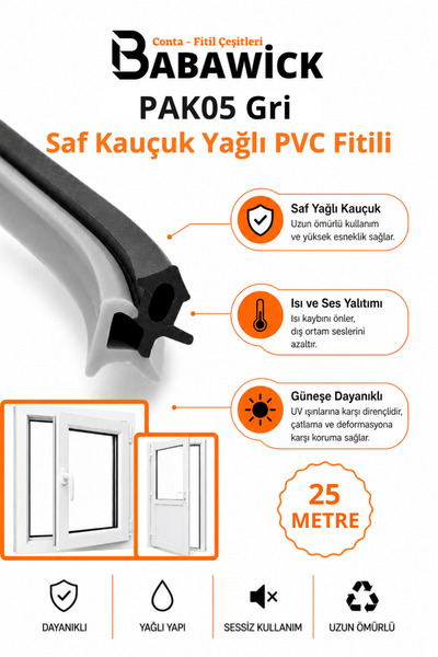 BABAWİCK PAK05 Profesyonel Yağlı Saf Kauçuk PVC Kapı Pencere Fitili 25 Mt Gri...