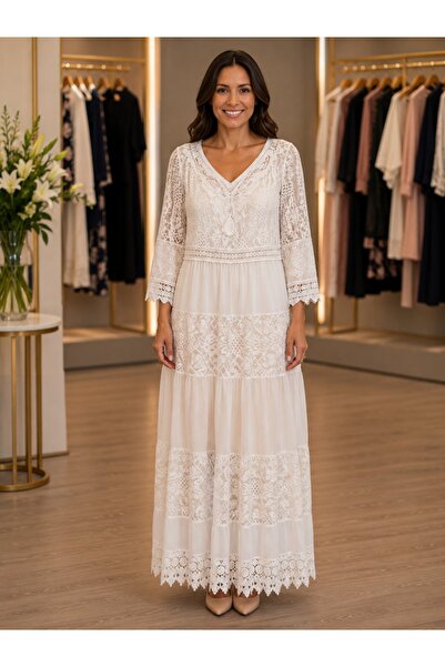 OEM Rochie Lungă Elegantă din Dantelă Albă cu Mâneci 3/4 și Decolteu în V