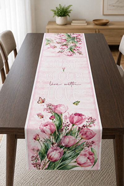 Bebişim Halı Just Bloom Runner Tablecloth with Pink Tulip and Butterfly Patte...