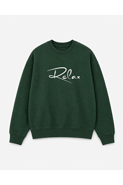 herkesemoda Relax Lettering Print Detailed Embroidered 2 Thread Crew Neck Swe...