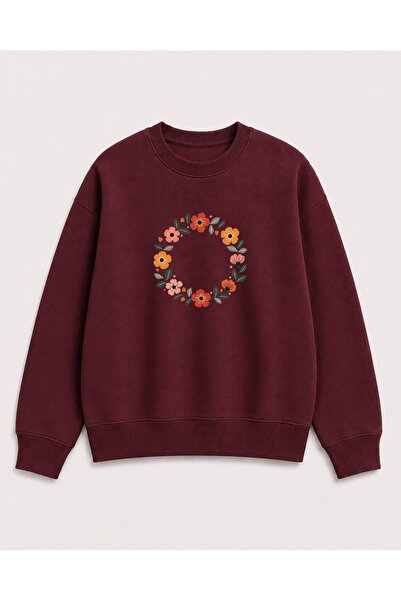 herkesemoda Ring Flowers Print Detailed Shirred 2 Thread Crew Neck Sweatshirt