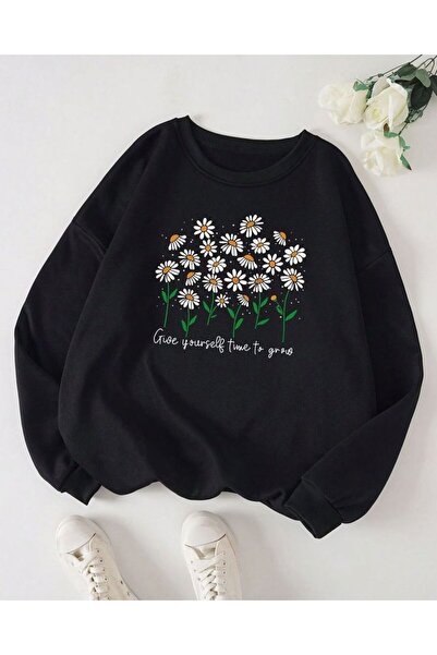 herkesemoda Daisies Printed Black 2 Thread Threaded Crew Neck Sweatshirt
