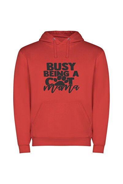 iLovePrints Busy Cat Mama: Flufftastic! Φούτερ με κουκούλα σε χρώμα Κόκκινο