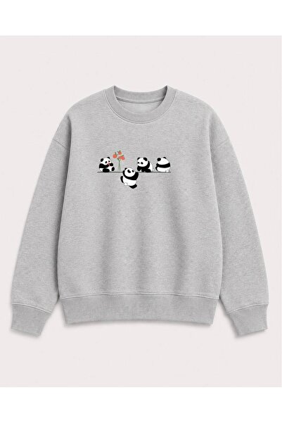 herkesemoda Baby Pandas Printed 2 Thread Threaded Crew Neck Sweatshirt