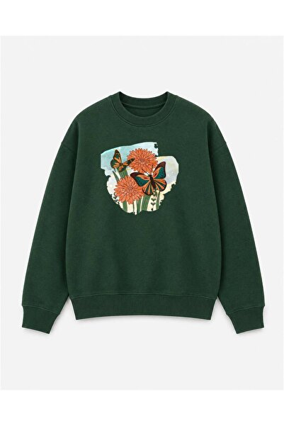 herkesemoda Butterfly and Flower Printed 2 Thread Threaded Crew Neck Sweatshirt