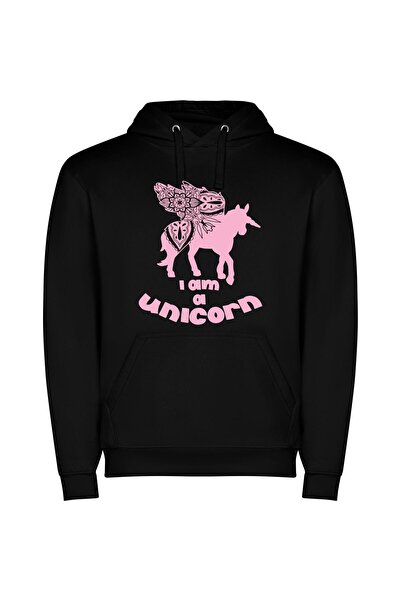iLovePrints Majestic Floral Unicorn Φούτερ με κουκούλα σε χρώμα Μαύρο