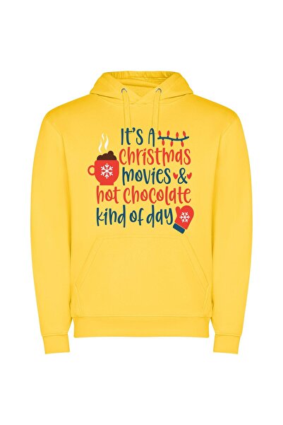 iLovePrints Cocoa Christmas Cinema Delight Φούτερ με κουκούλα σε χρώμα Κίτρινο