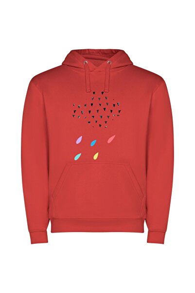 iLovePrints Colorful Avian Rainfall Φούτερ με κουκούλα σε χρώμα Κόκκινο