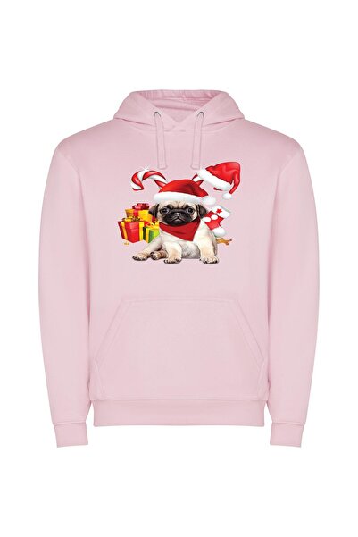 iLovePrints Festive Pug Fashion Φούτερ με κουκούλα σε χρώμα Ροζ