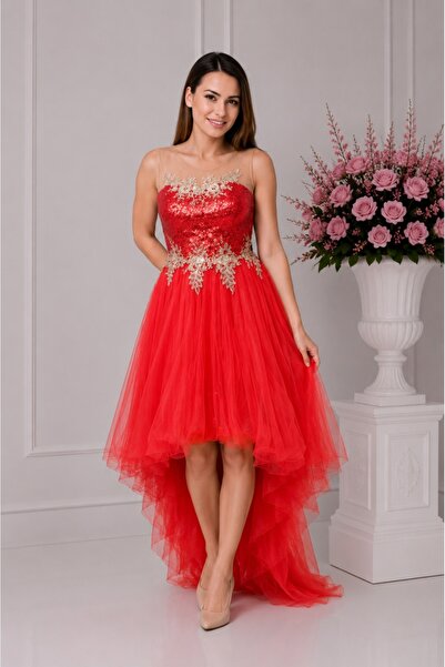 OEM Rochie eleganta din tul subtire, rosie, cu paiete si broderie