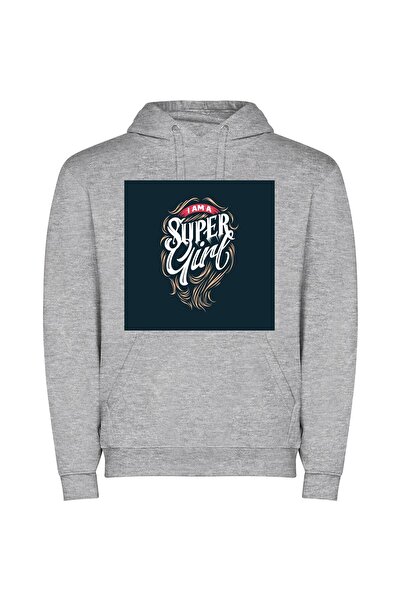 iLovePrints Super Girl Hair Φούτερ με κουκούλα σε χρώμα Γκρι